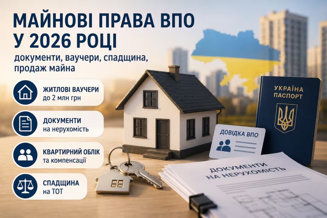 Ілюстрація про майнові права ВПО у 2026 році з будинком, документами на нерухомість, паспортом, довідкою ВПО та ключами на тлі карти України.